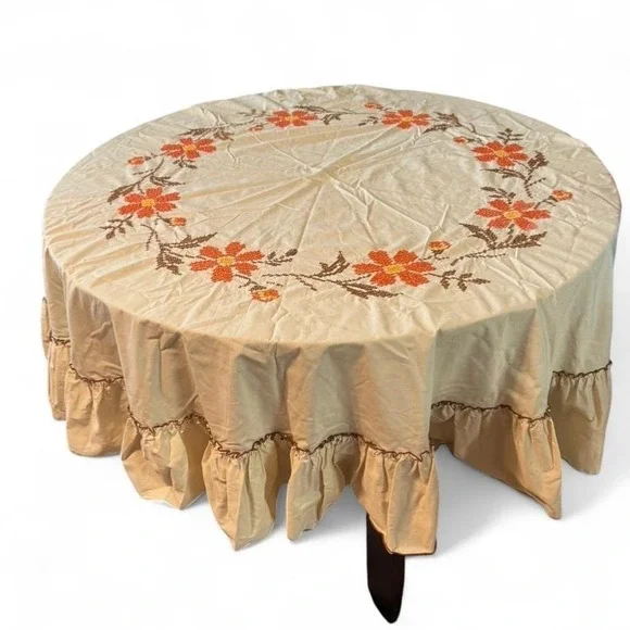 vintage Beautiful handmade embroidered tablecloth with orange flowers & ruffles - Picture 2 of 7